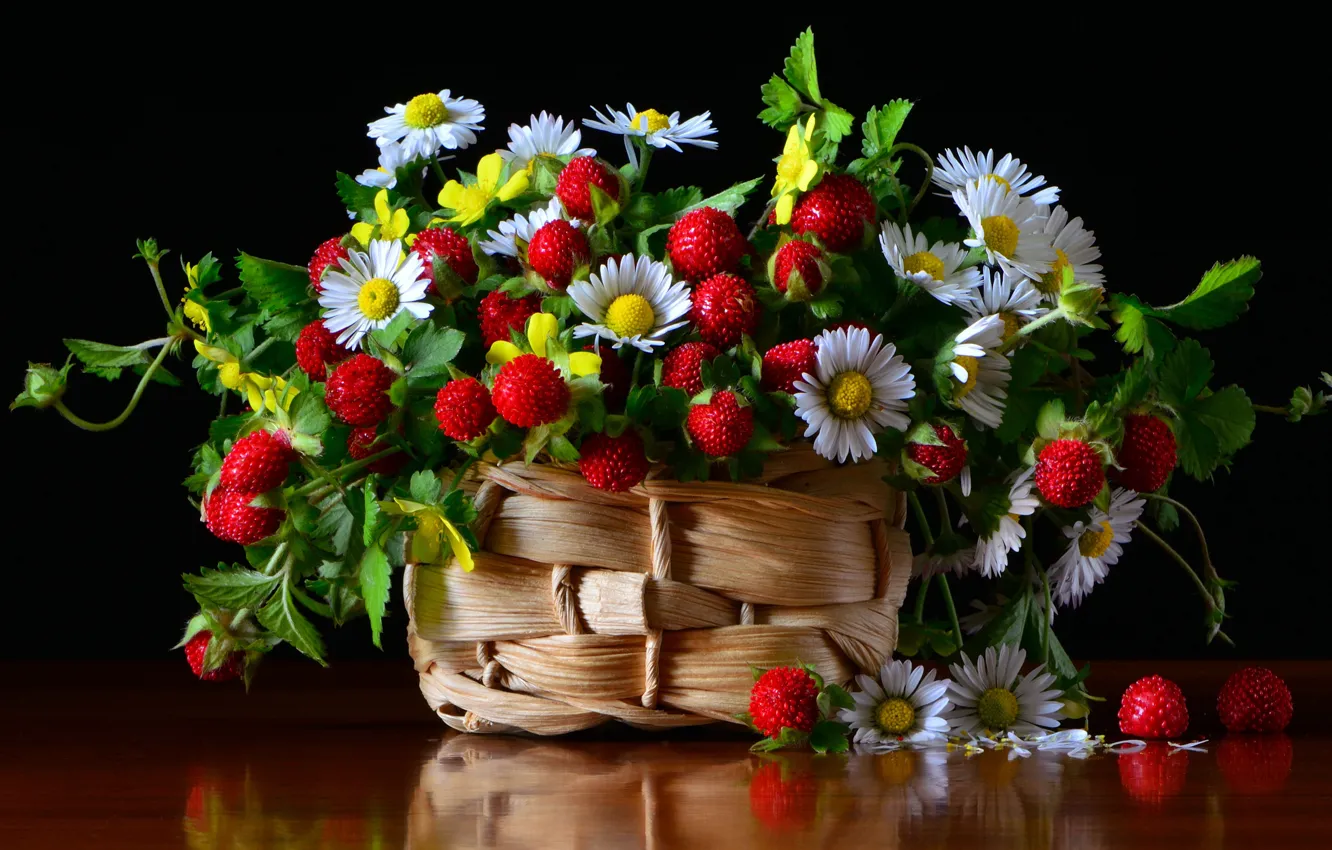 Photo wallpaper greens, summer, leaves, flowers, yellow, red, berries, table