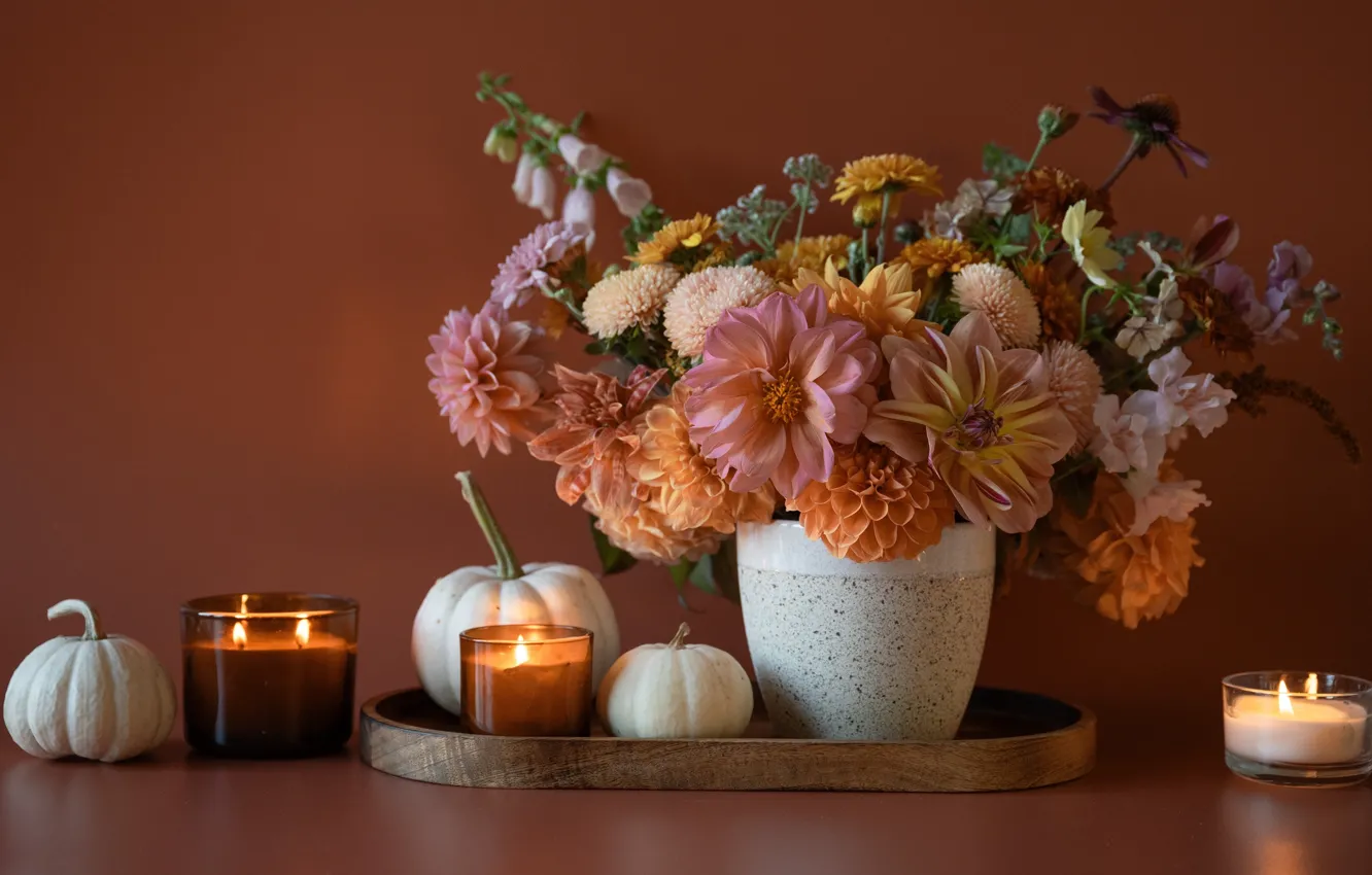 Photo wallpaper flowers, background, Wallpaper, bouquet, candles, pumpkin, vase, white pumpkins