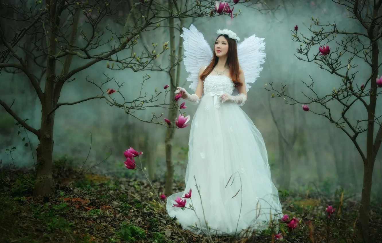 Photo wallpaper girl, angel, garden