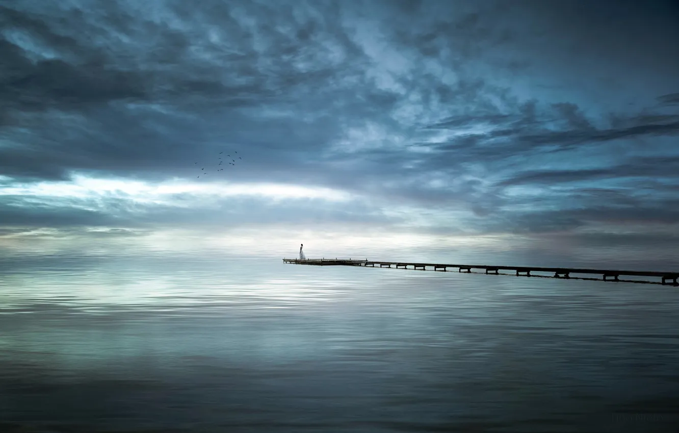 Photo wallpaper sea, girl, landscape, mood