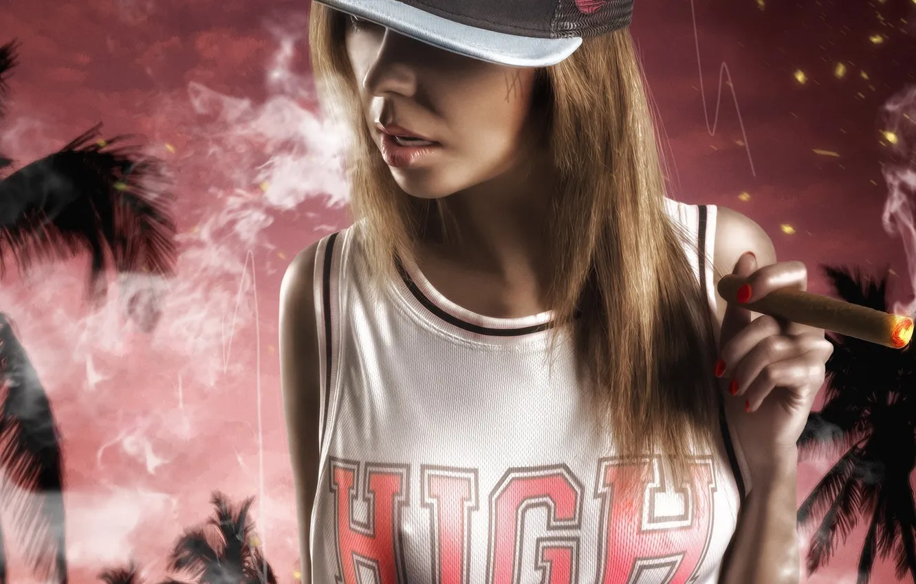 Photo wallpaper girl, smoke, cigar, swag, Mike, high, Cap, PECHEN