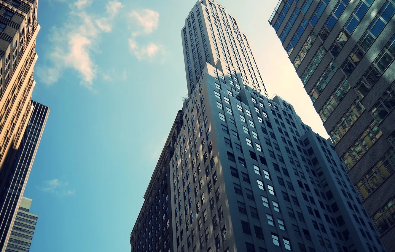 Photo wallpaper the sky, clouds, building, skyscrapers, window, New York, concrete.