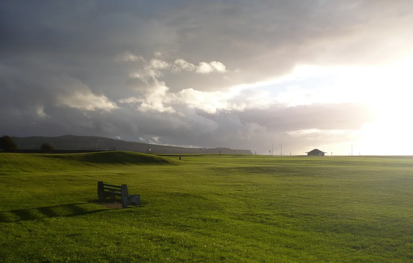 Photo wallpaper field, the sky, grass, landscape, sunset, bench