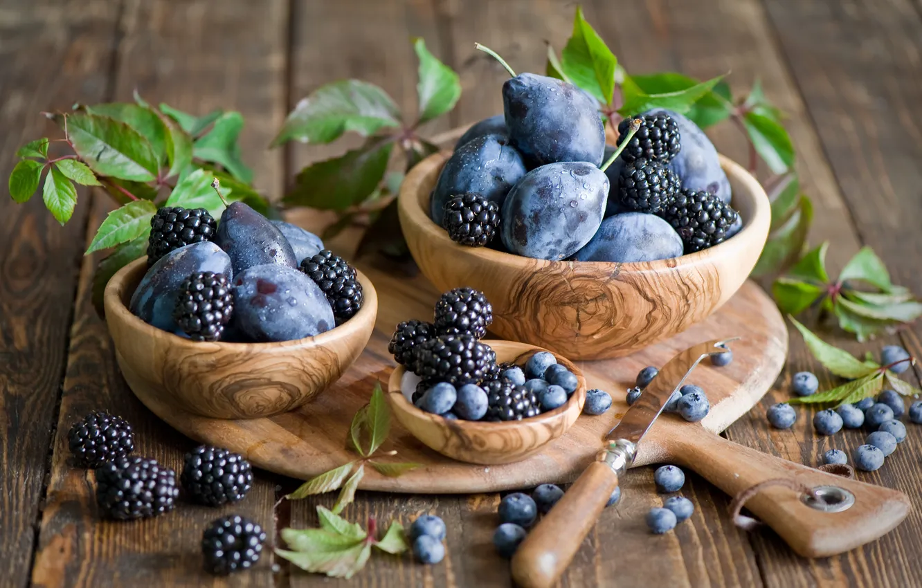 Photo wallpaper berries, still life, plum, BlackBerry, blueberries