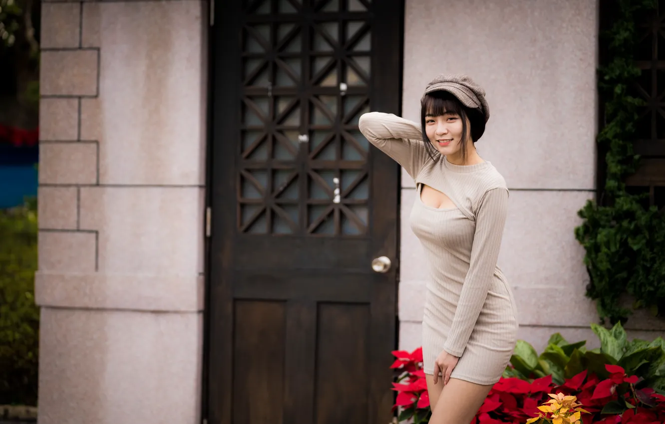 Photo wallpaper girl, dress, cap, Asian