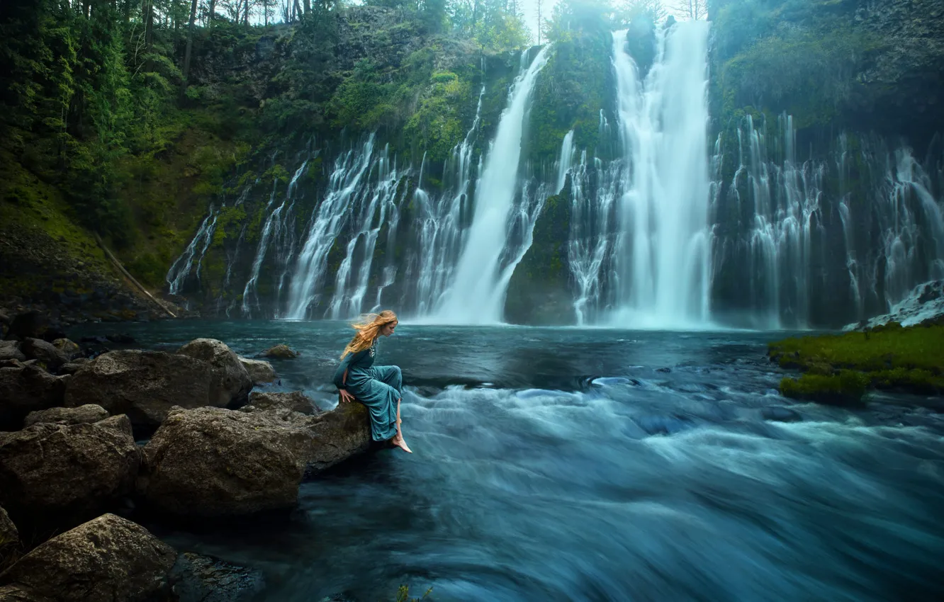 Photo wallpaper girl, landscape, nature, pose, stones, rocks, shore, for