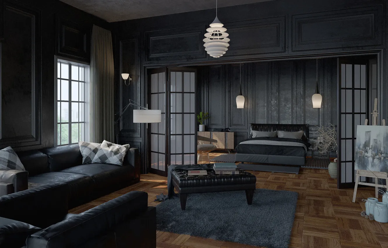 Photo wallpaper design, style, interior, bedroom, living room, black color in the interior, separation of space, dark …