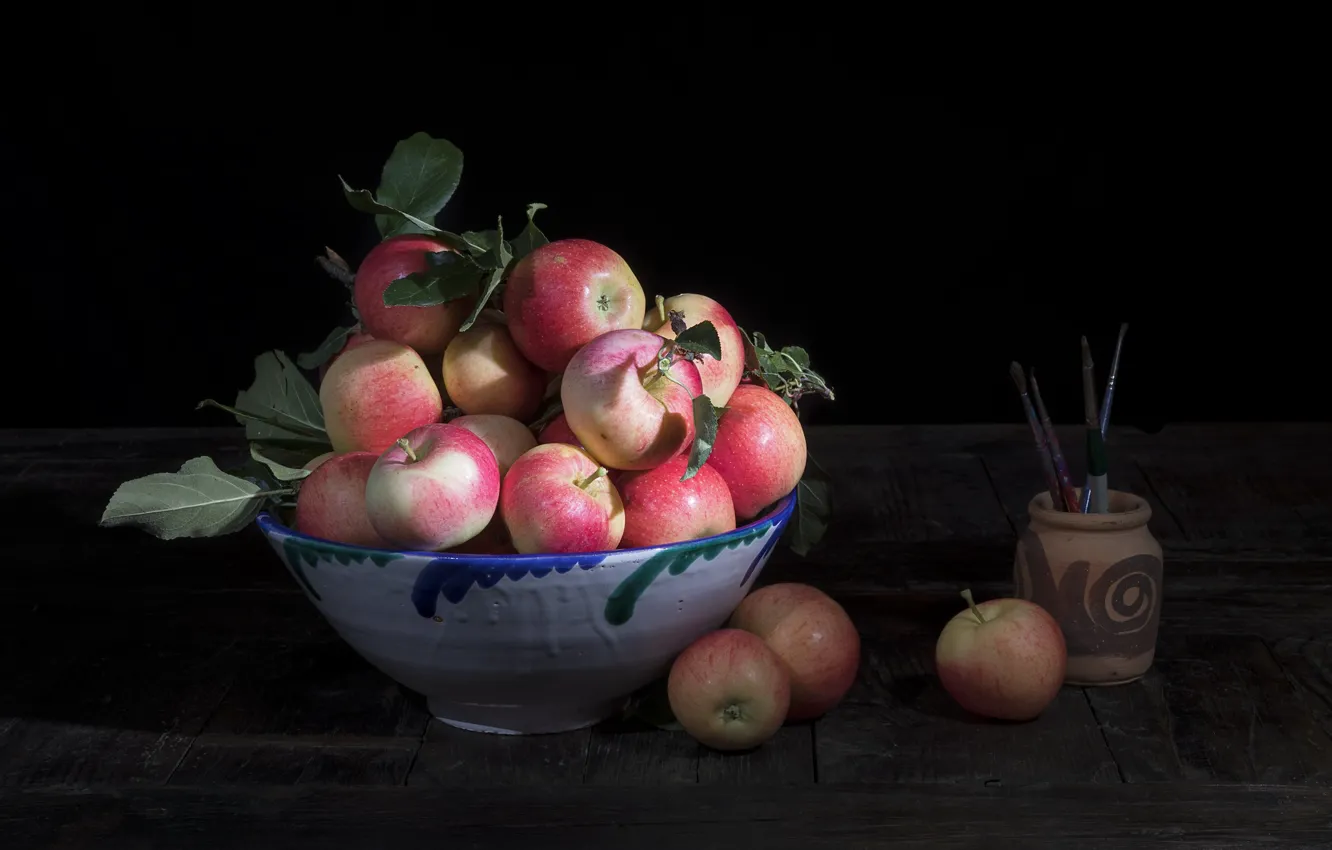 Photo wallpaper apples, fruit, bowl, brush