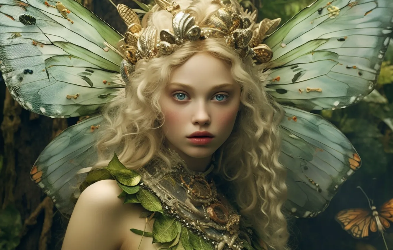 Photo wallpaper look, girl, decoration, wings, fairy, blonde, elf, curls