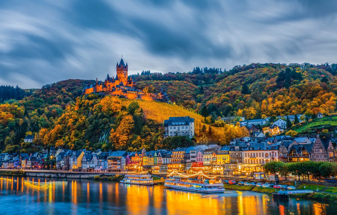 Photo wallpaper autumn, forest, the city, lights, castle, hills, shore, Germany