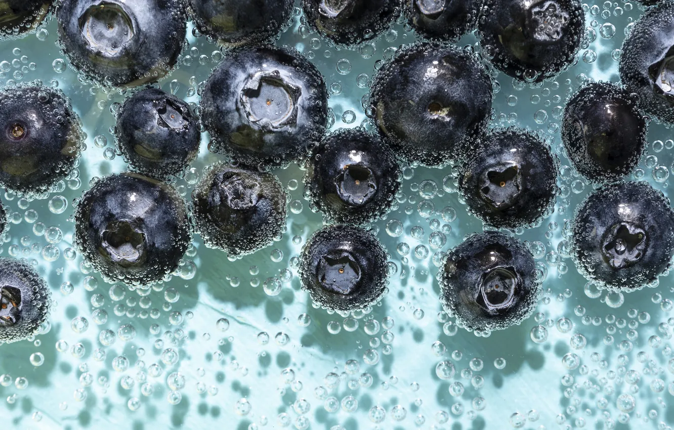 Photo wallpaper water, macro, bubbles, berries, blueberries, composition, sparkling water