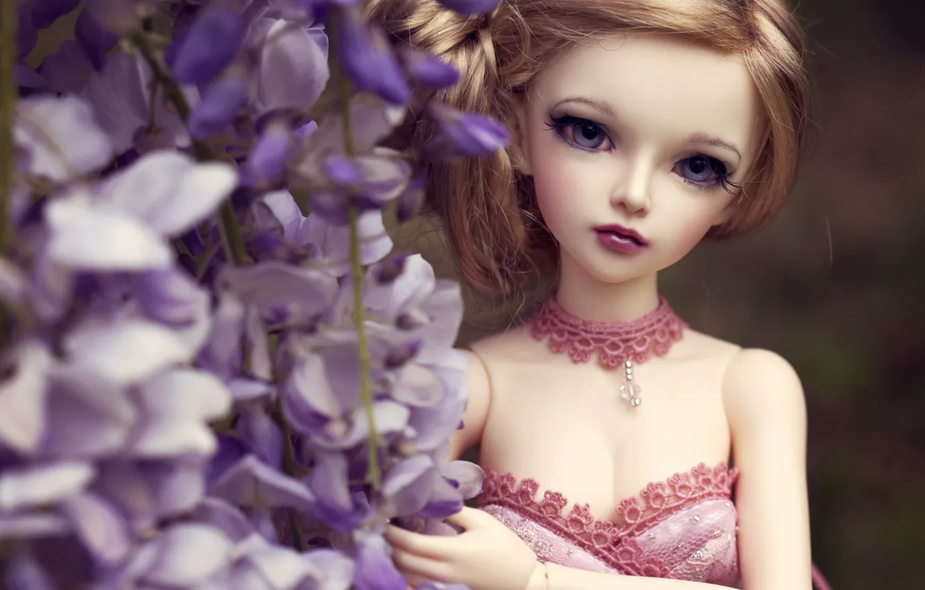 Photo wallpaper look, flowers, toy, doll