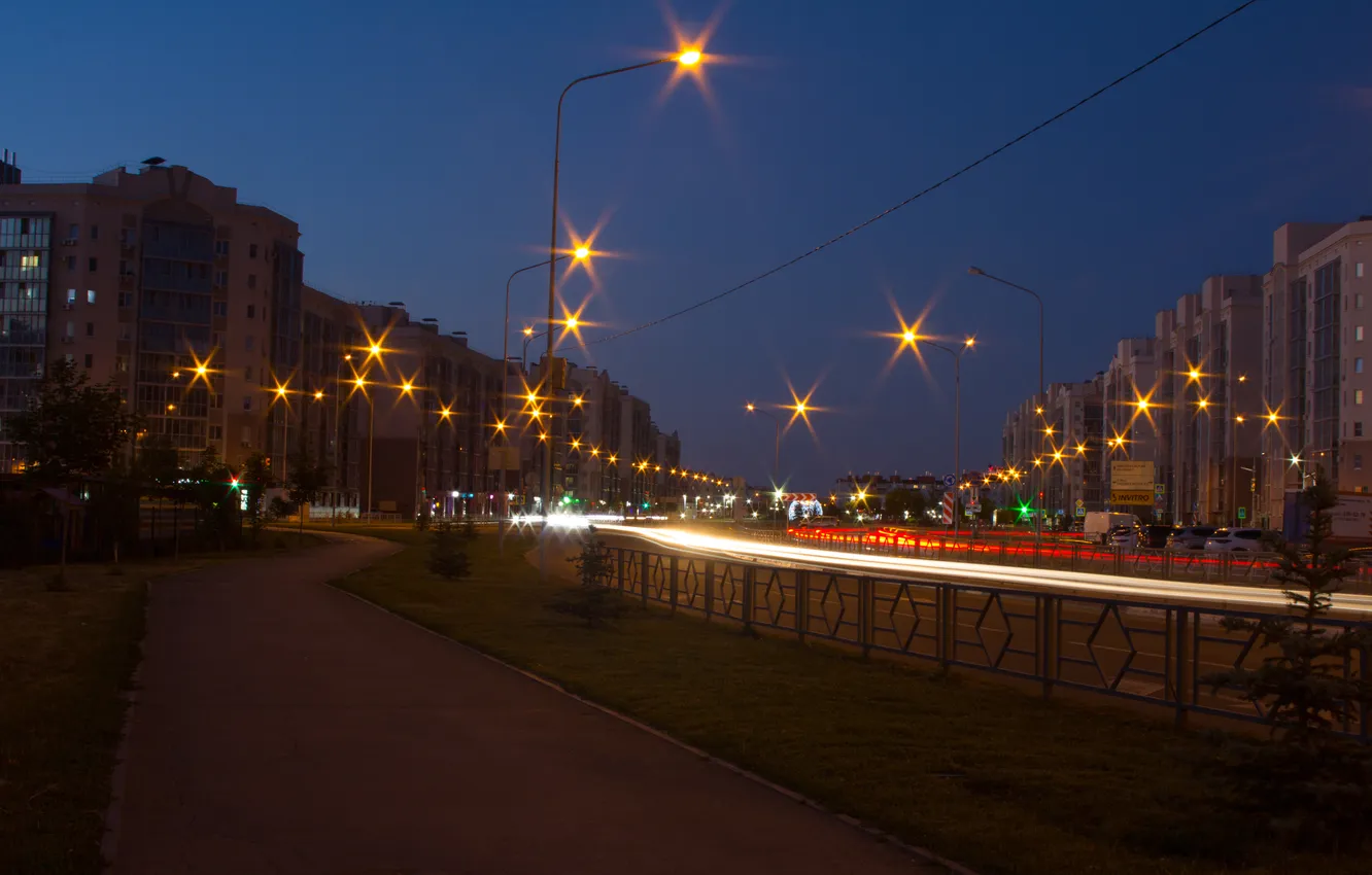 Photo wallpaper road, summer, the sky, night, building, home, the evening, lights