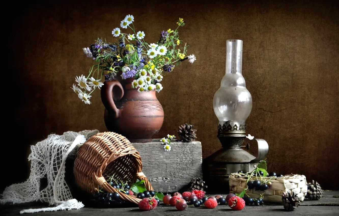 Photo wallpaper flowers, berries, raspberry, basket, lamp, pitcher, still life, bumps
