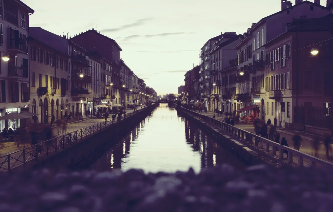 Photo wallpaper river, Italy, sunset, street, people, houses, Milan, Milano