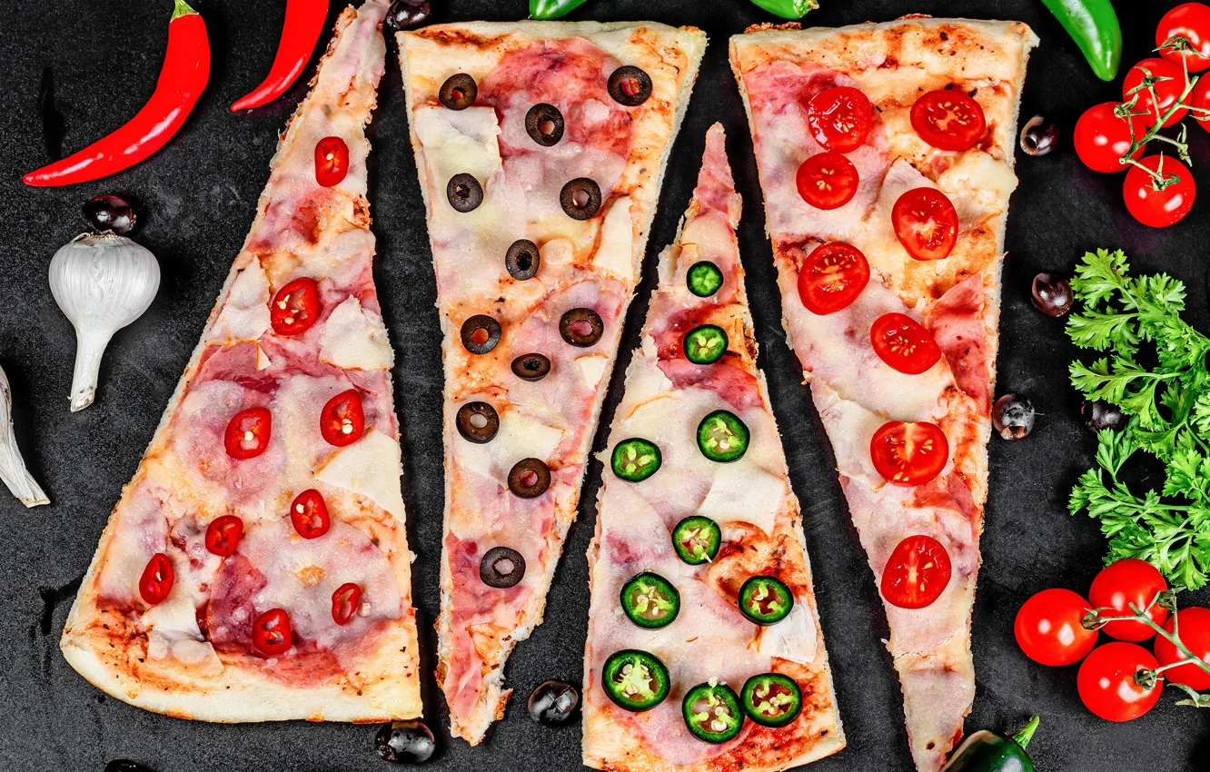 Photo wallpaper cheese, pepper, vegetables, pizza, tomatoes, olives, filling, ham