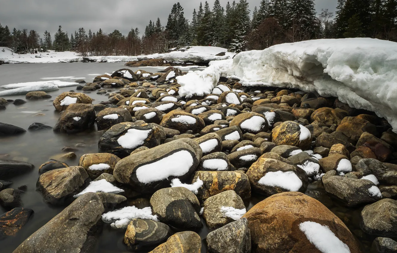 Photo wallpaper snow, river, stones