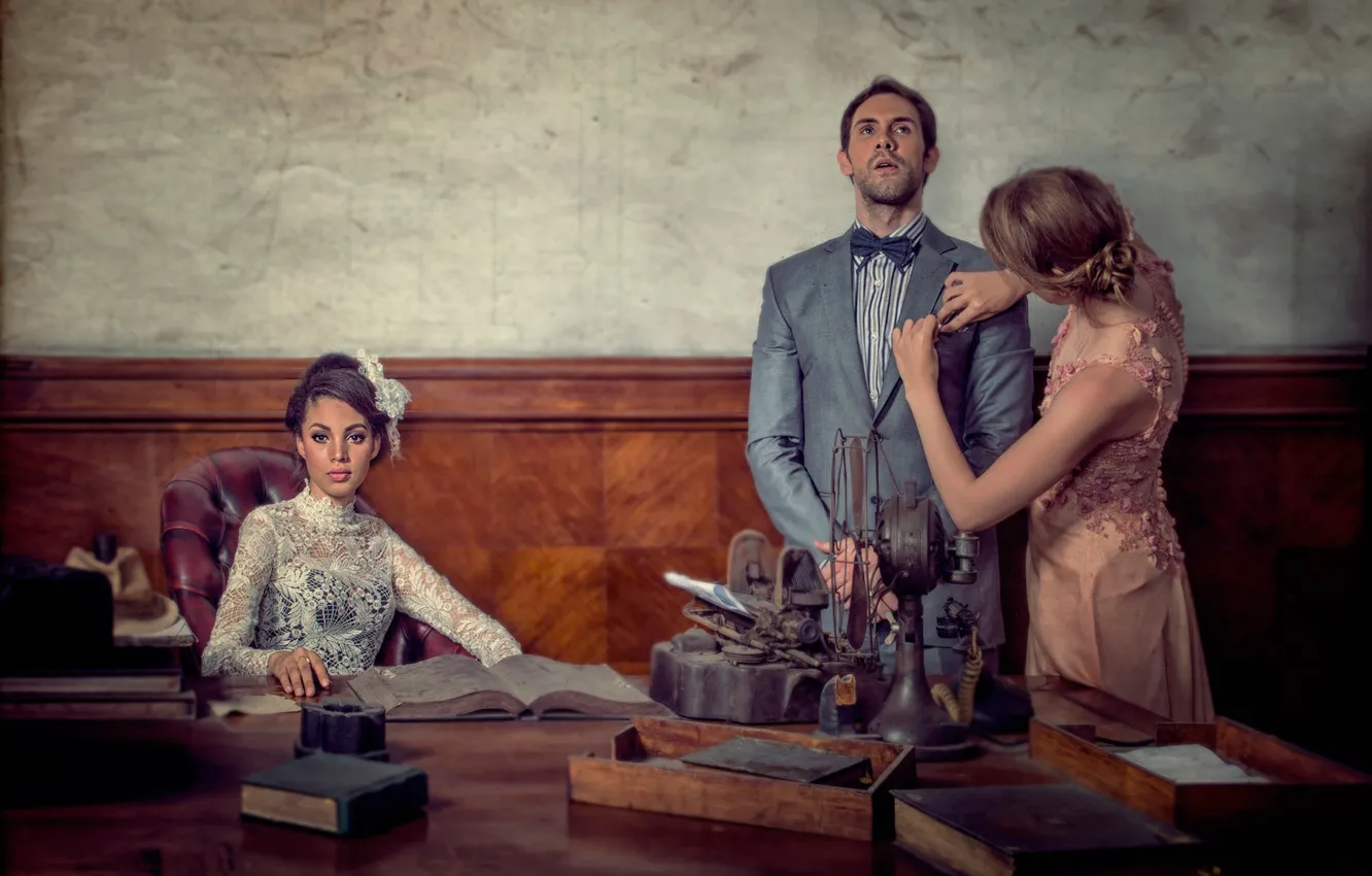 Photo wallpaper girl, retro, guy, office