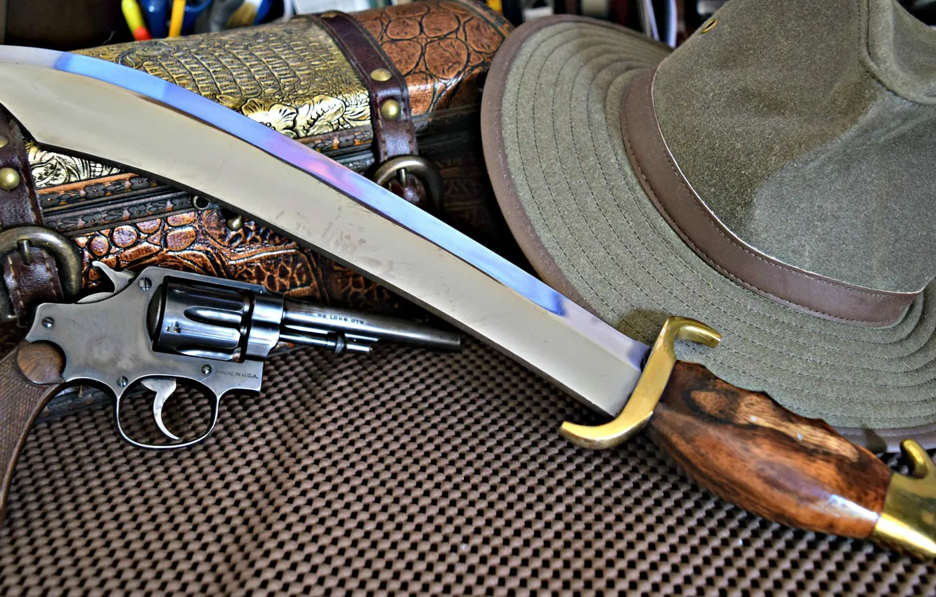 Photo wallpaper hat, knife, revolver