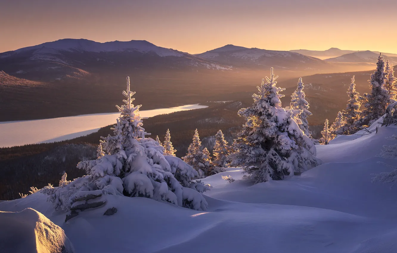 Photo wallpaper winter, frost, forest, the sky, light, snow, mountains, fog