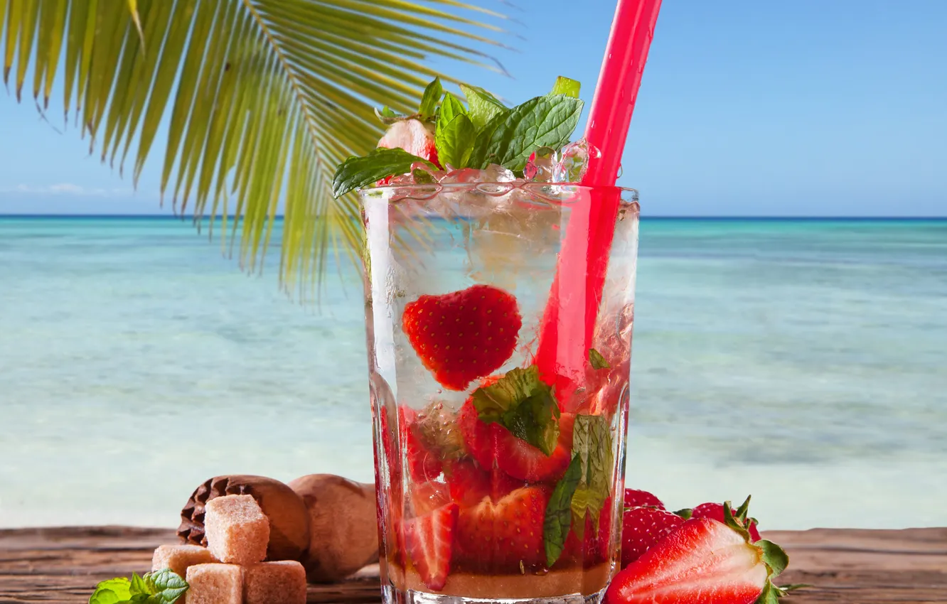 Photo wallpaper sea, Palma, strawberry, cocktail, tube, mint