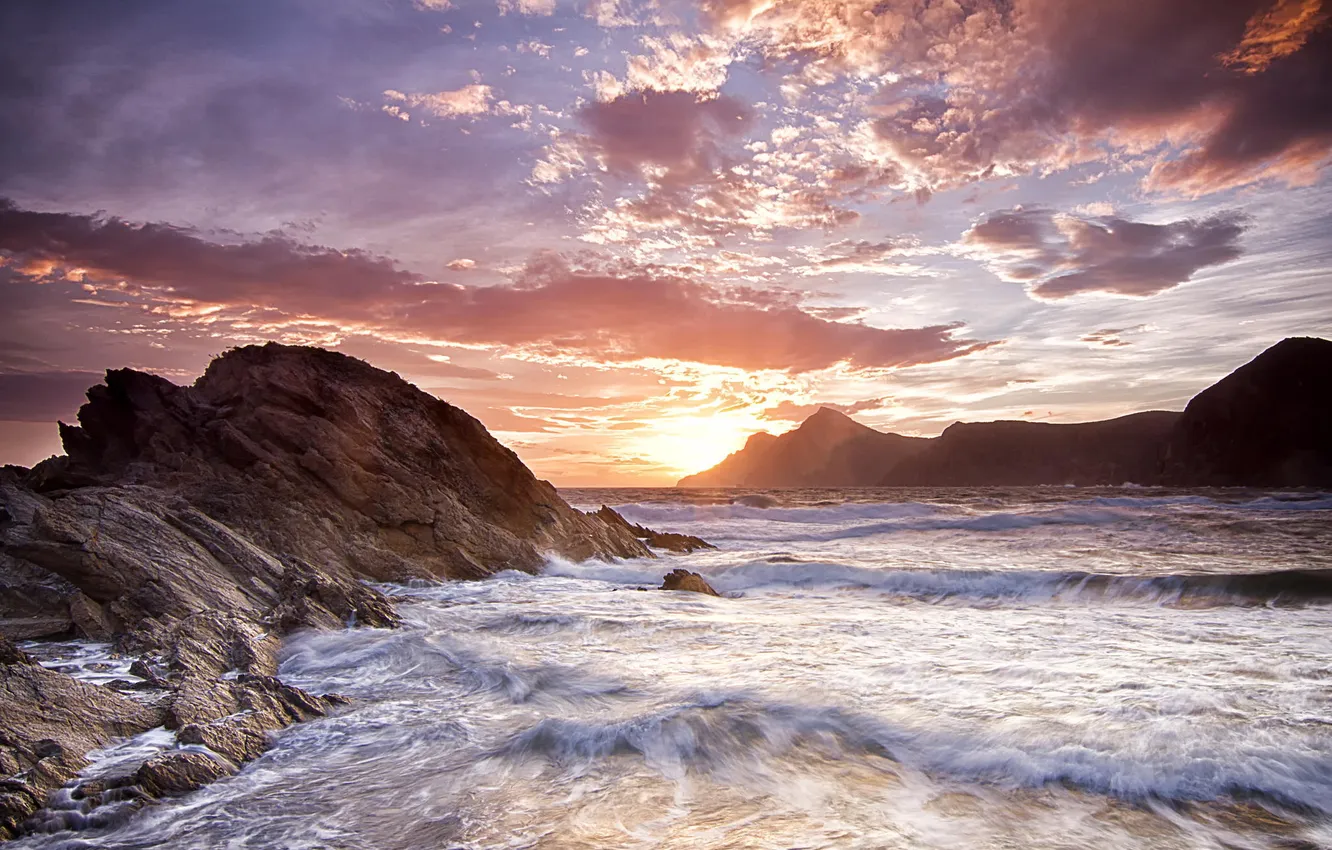 Photo wallpaper sea, wave, beach, rocks, shore, rasvet