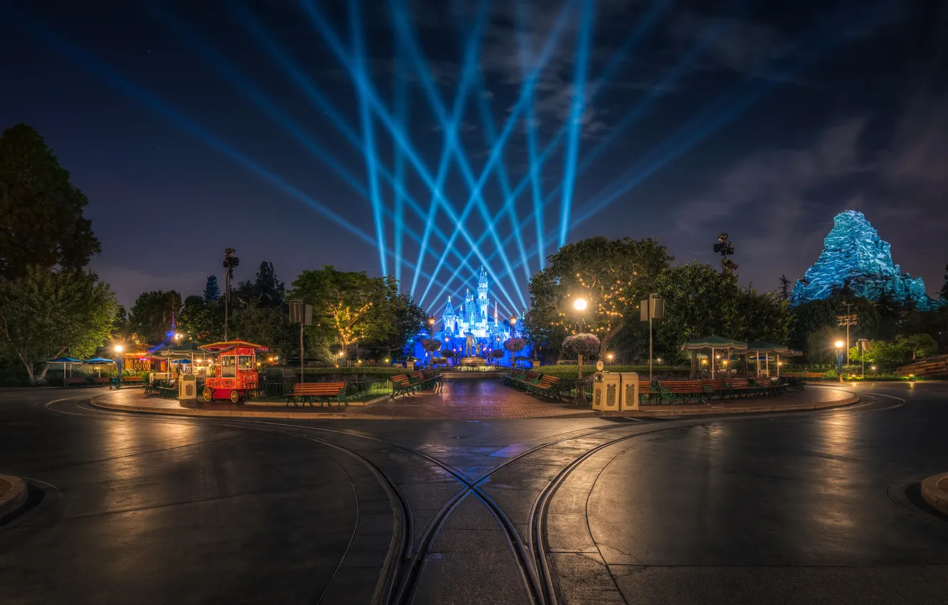 Photo wallpaper road, trees, bench, night, design, lights, Park, castle