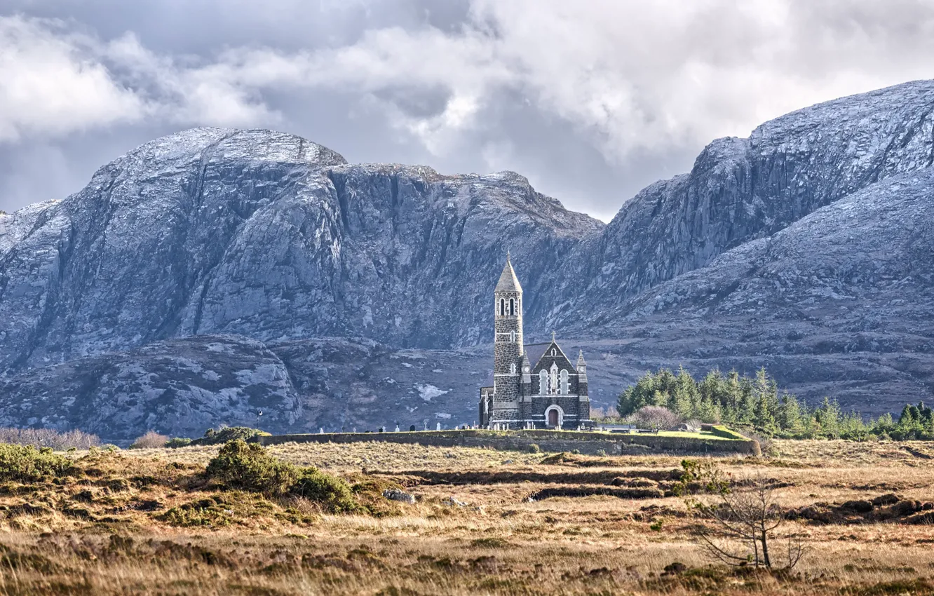 Photo wallpaper cathedral, mountains, clouds, Ireland, architecture, countryside, Donegal, church