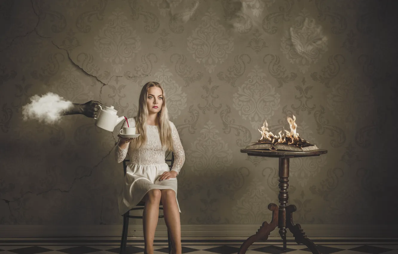 Photo wallpaper girl, fantasy, fire, cloud, dress, Cup, book, Burning Breakfast