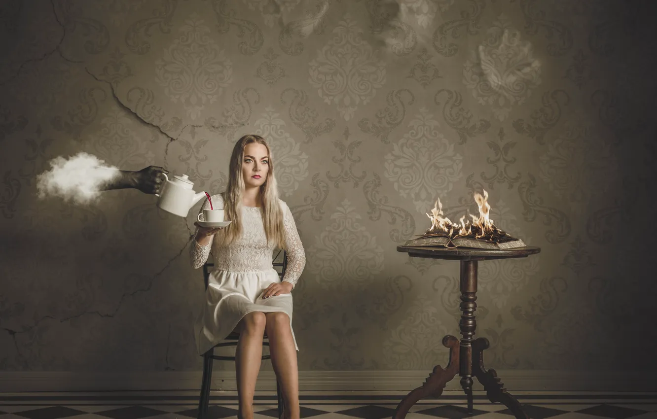 Photo wallpaper girl, clouds, lights, fantasy, dress, Cup, book, Burning Breakfast