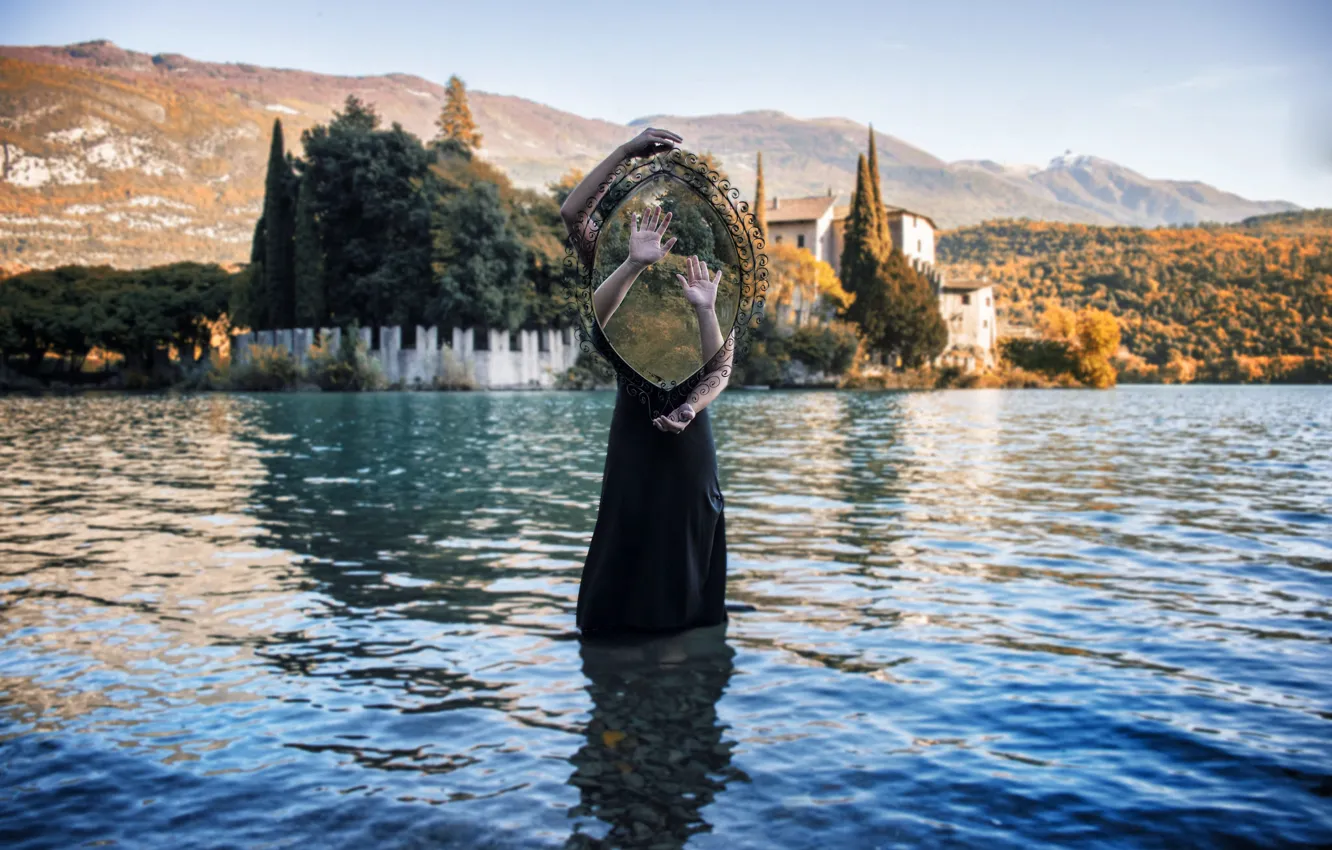 Photo wallpaper girl, landscape, lake, reflection, weapons, castle, hills, dress