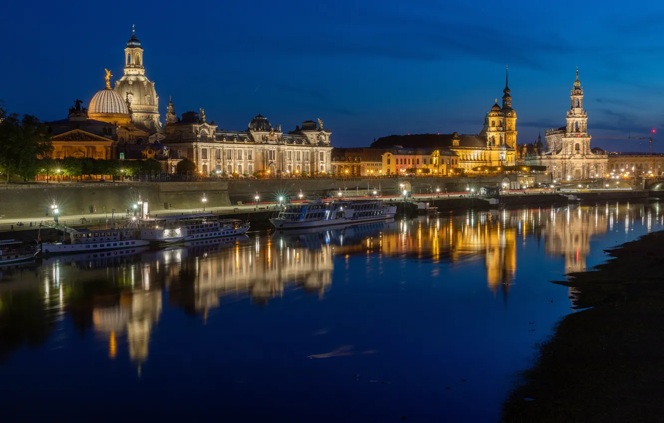 Photo wallpaper reflection, river, building, home, Germany, Dresden, pier, night city
