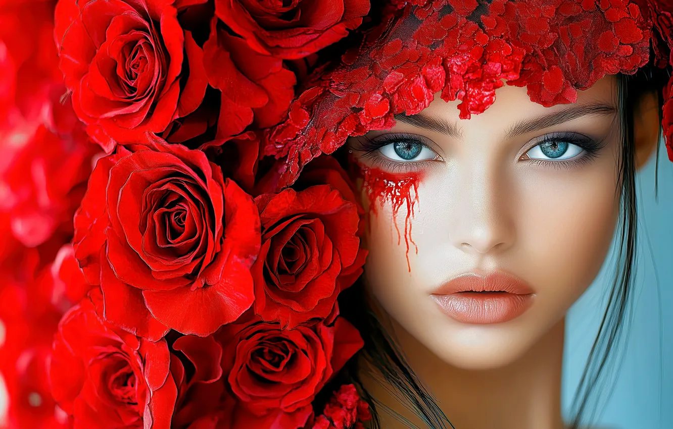 Photo wallpaper look, girl, flowers, red, face, pose, style, blood