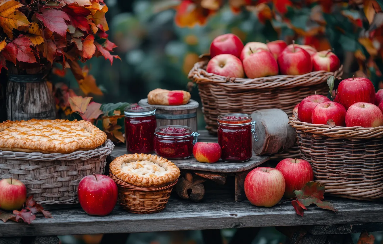 Photo wallpaper autumn, apples, jam, AI art, neural network