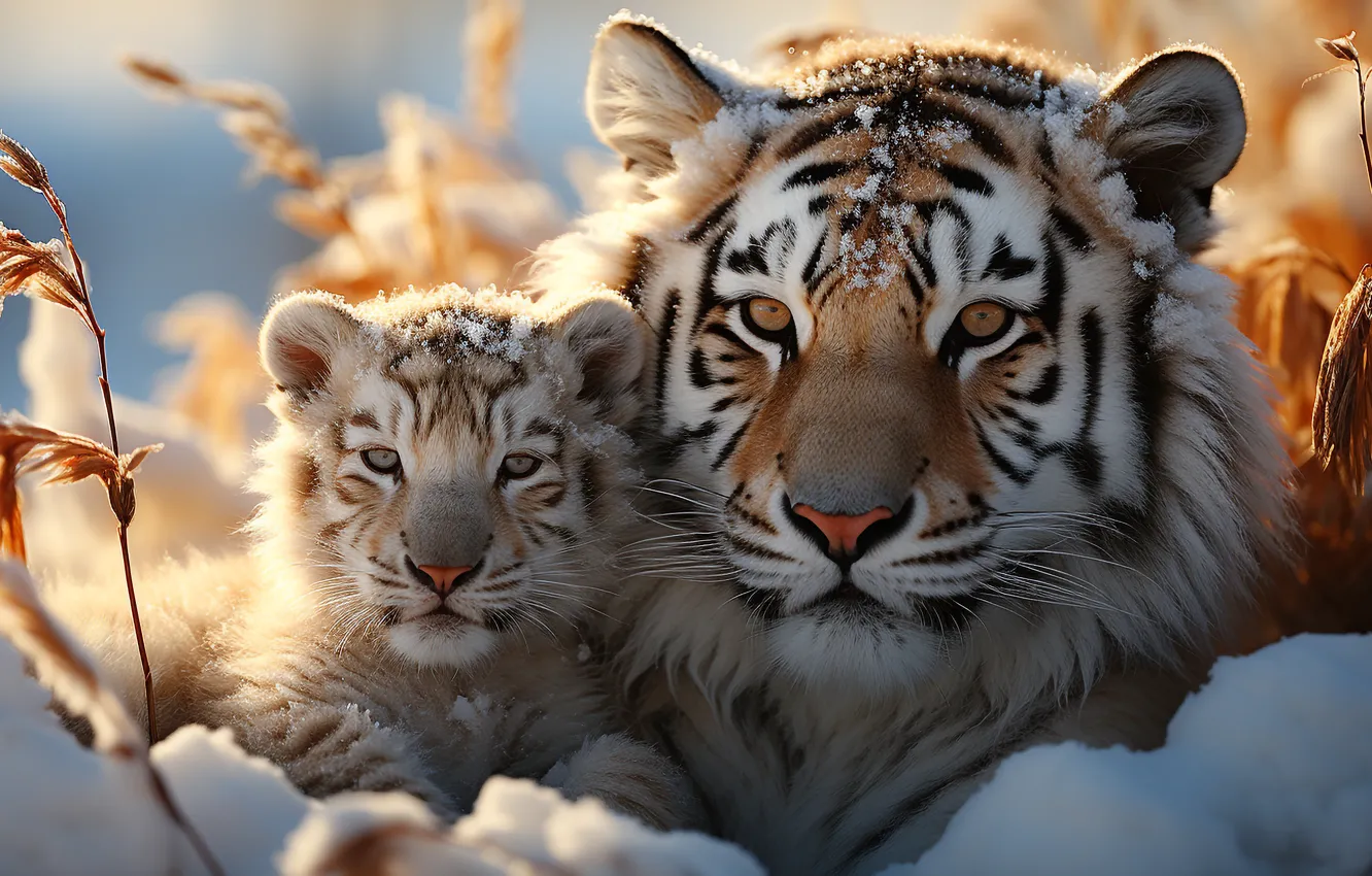 Photo wallpaper winter, look, face, light, snow, nature, tiger, stems