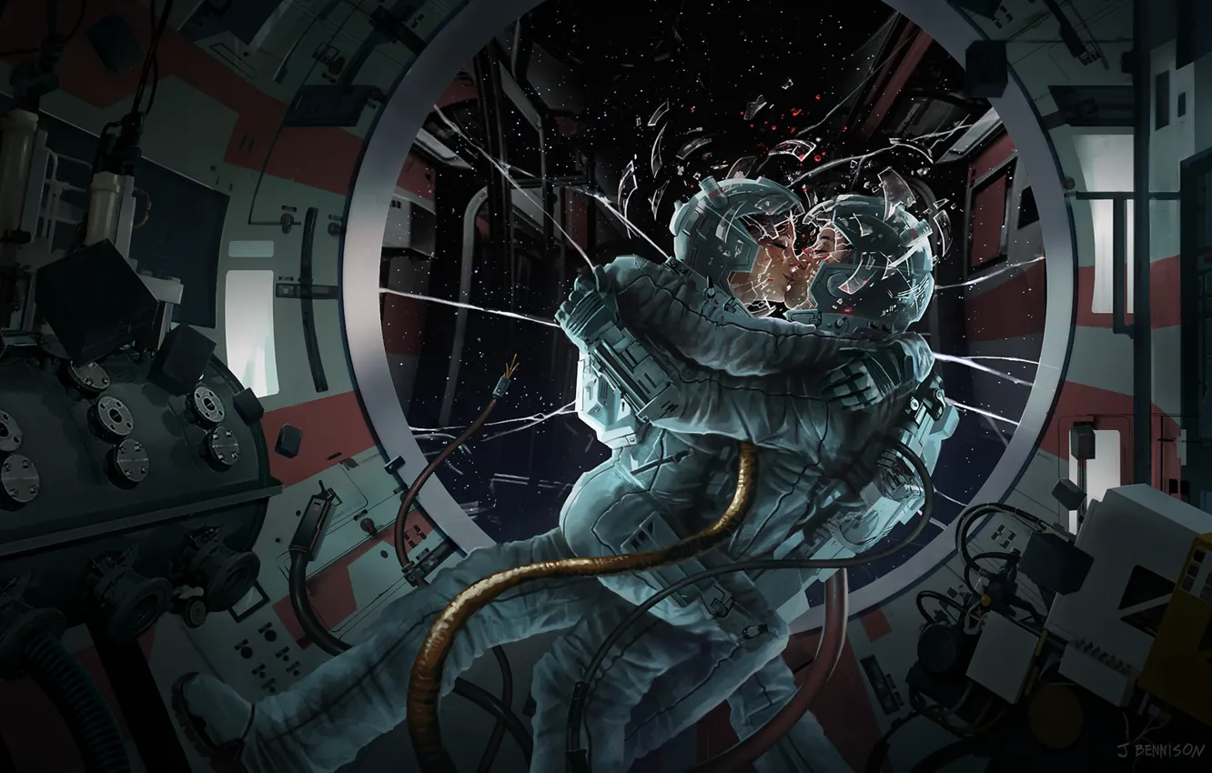 Photo wallpaper space, fiction, kiss, art, two, Last Kiss, First Kiss, Jeremy Bennison