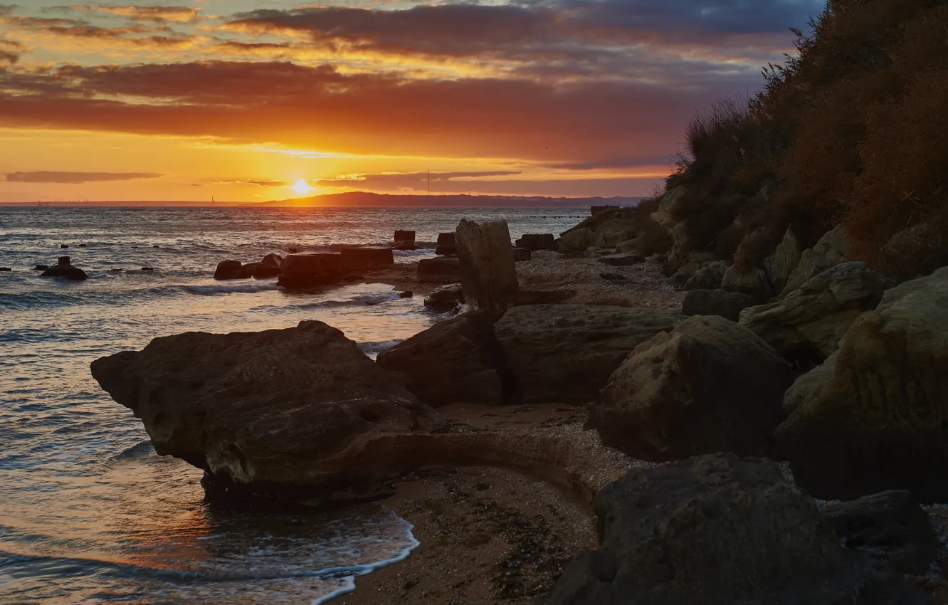 Photo wallpaper sea, the sun, sunset, stones, Crimea