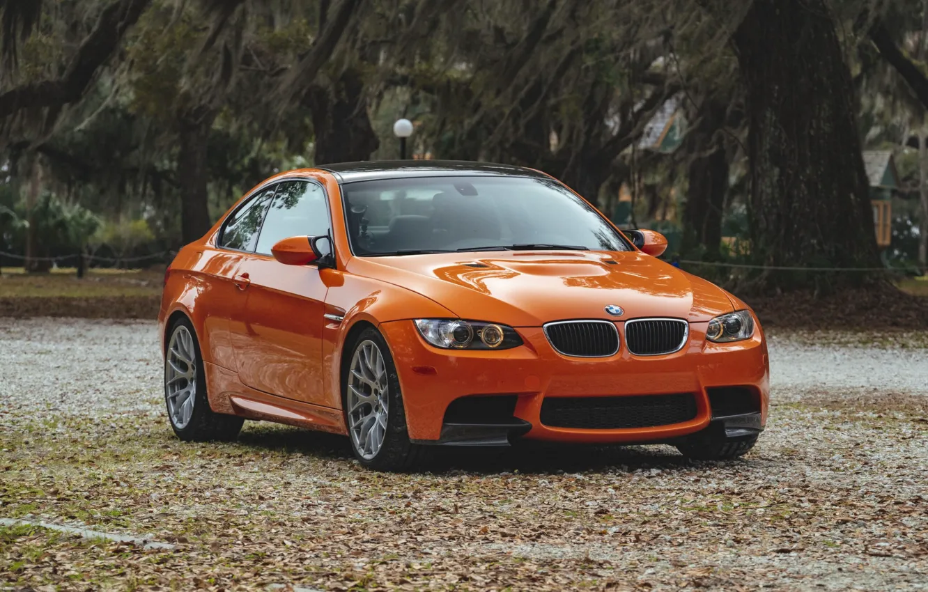 Photo wallpaper E92, Leaves, M3, Daytime Running Lights, Fire orange