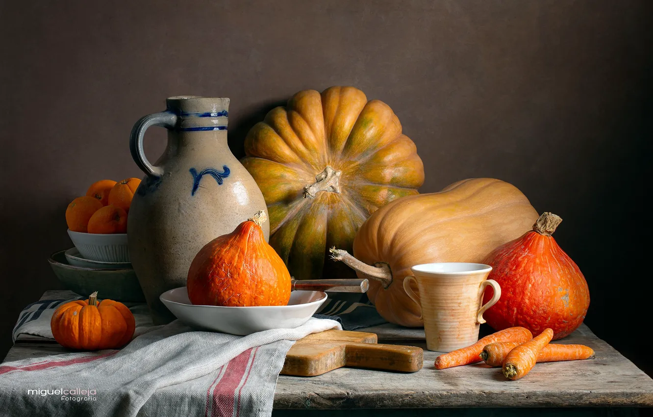 Photo wallpaper dishes, pumpkin, still life, carrots, tablecloth