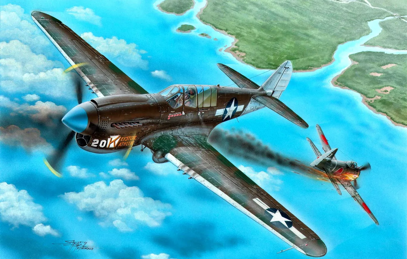 Photo wallpaper P-40, Warhawk, WWII, P-40N, Ki-43, Pacific theater of operations