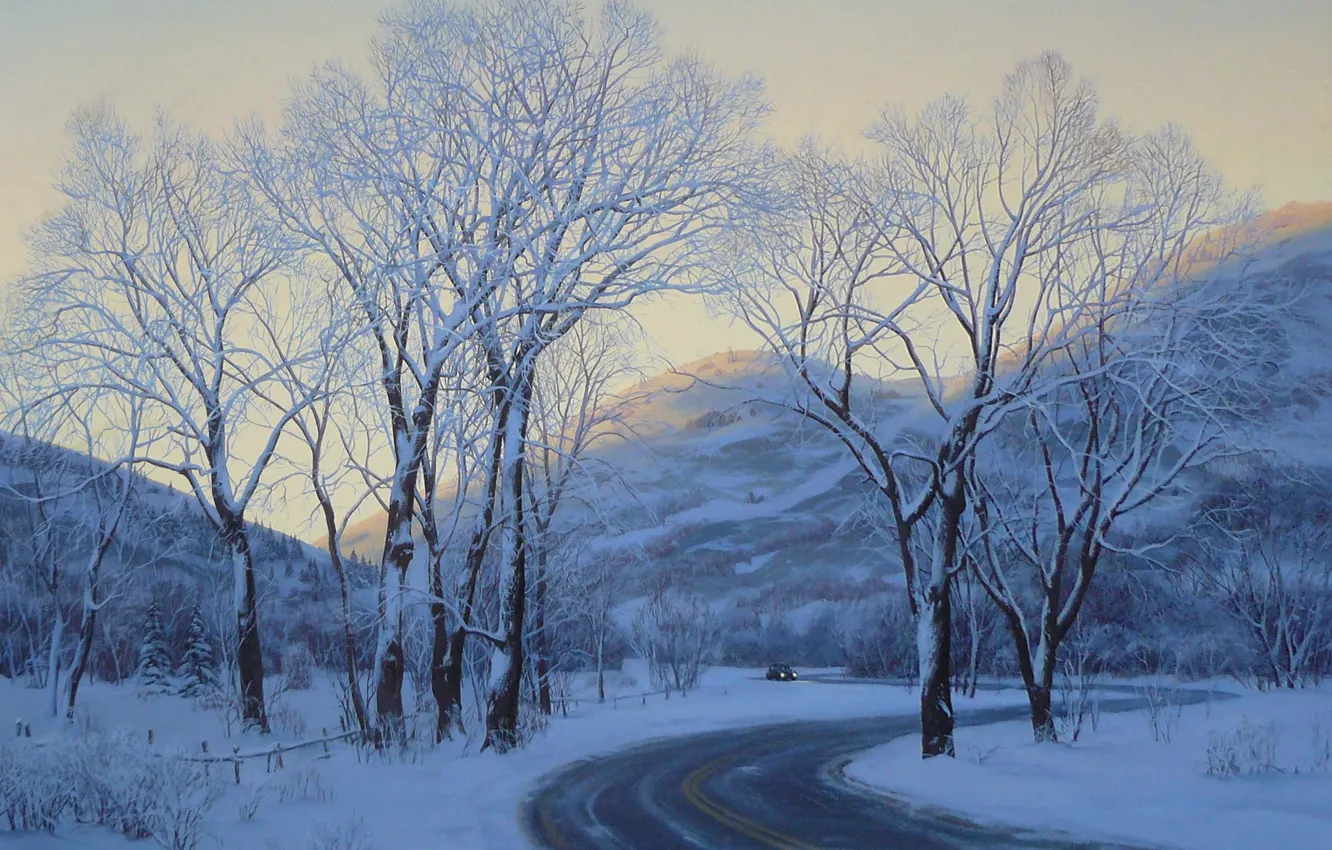 Photo wallpaper winter, road, car, machine, snow, landscape, mountains, the evening