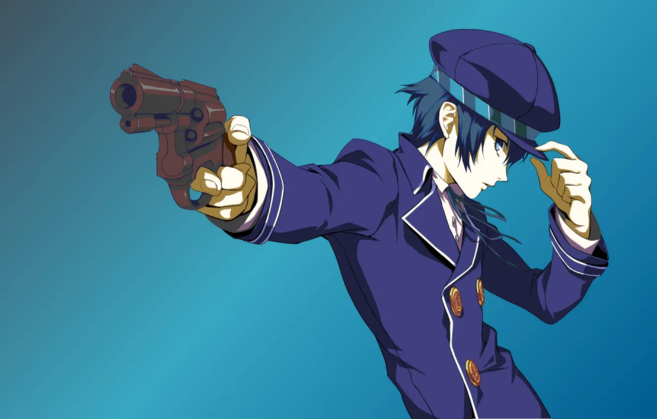 Photo wallpaper gun, background, cap, guy, Persona, Person