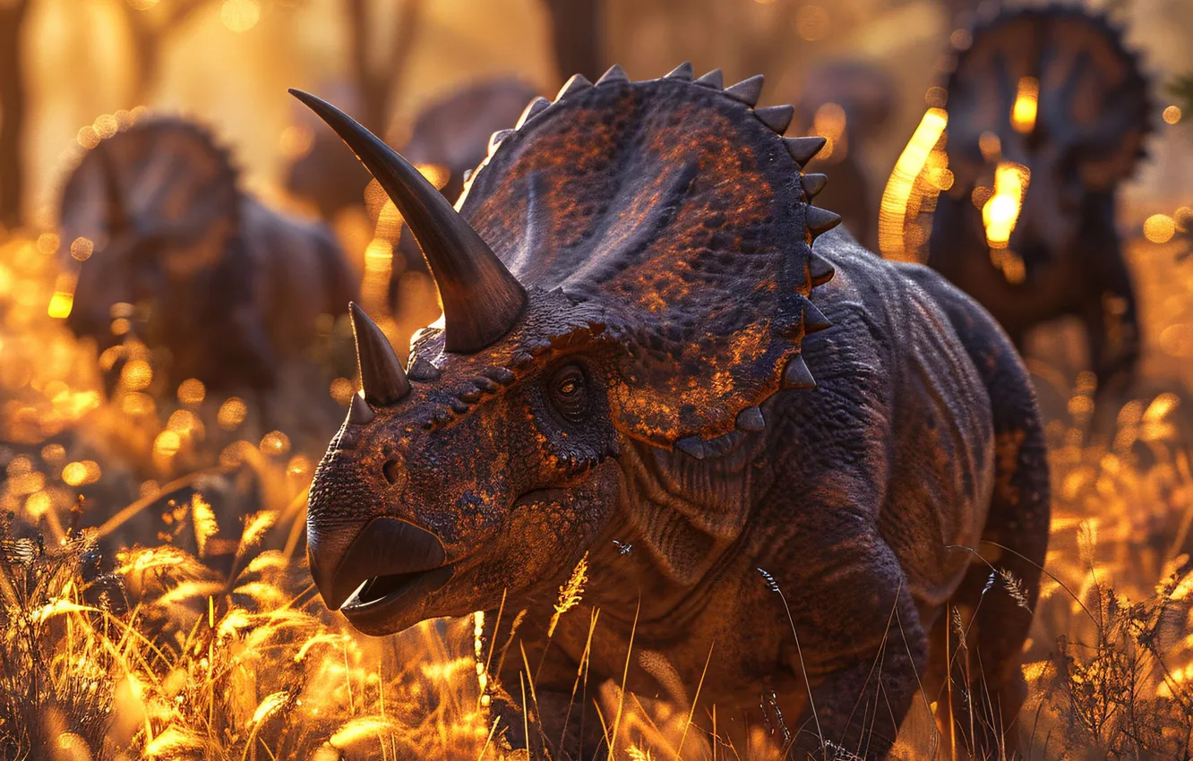 Photo wallpaper grass, trees, animal, dinosaur, horns, Triceratops, digital art, Triceratops