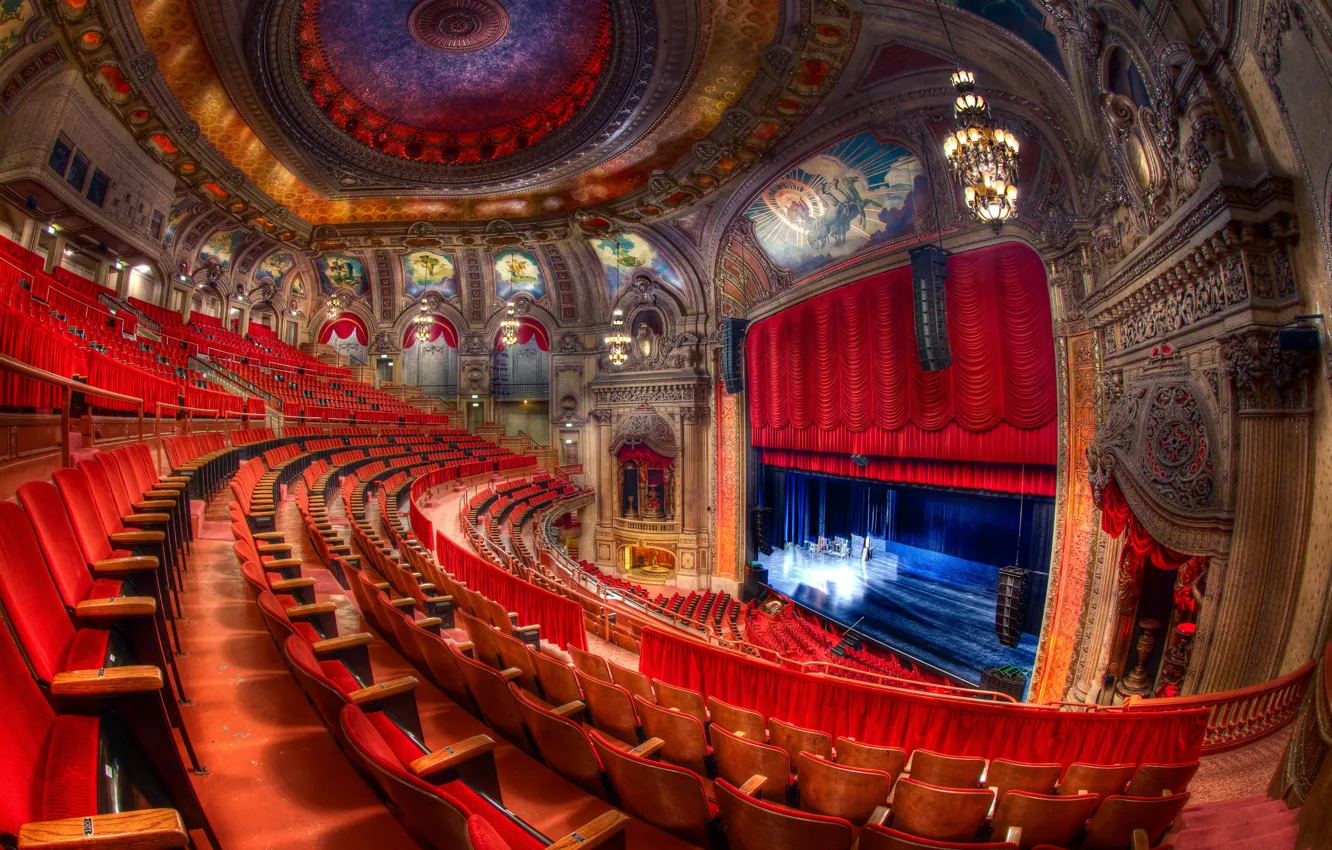 Photo wallpaper light, red, scene, chairs, beauty, Chicago, drawings, Theatre
