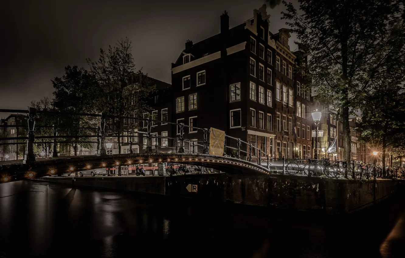 Photo wallpaper night, bridge, lights, home, Amsterdam, channel, Netherlands