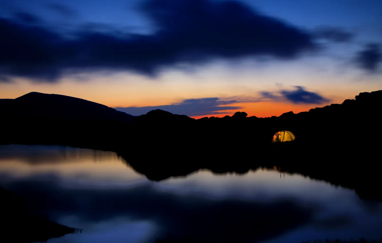 Photo wallpaper mountain, lake, tents, camping