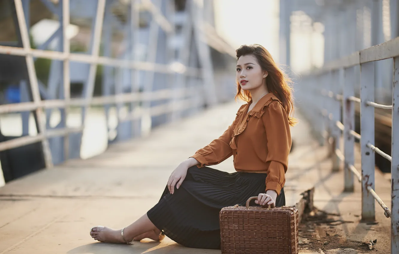 Photo wallpaper girl, light, bridge, pose, retro, skirt, outfit, blouse