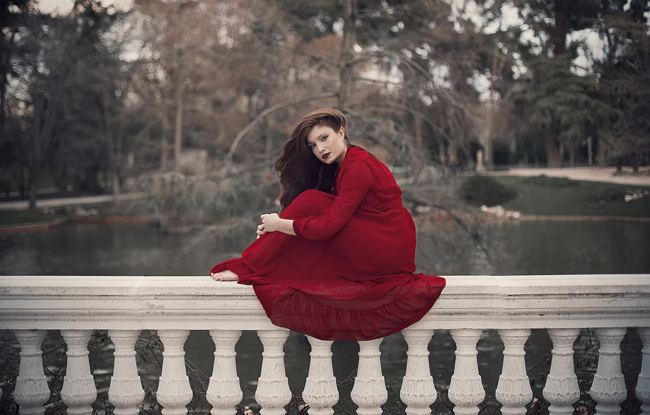 Photo wallpaper girl, red, face, hair, dress, sitting, estate, railings