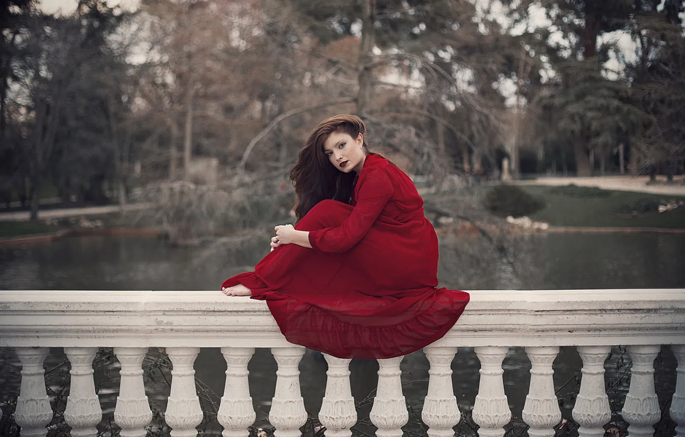 Photo wallpaper girl, face, red, hair, dress, sitting, estate, railings