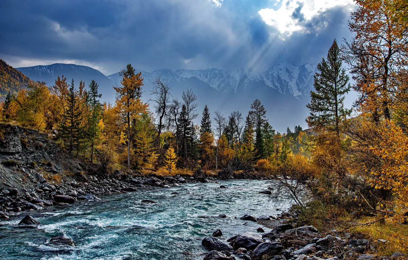 Photo wallpaper autumn, water, the sun, trees, mountains, river, Drobotenko Evgeny